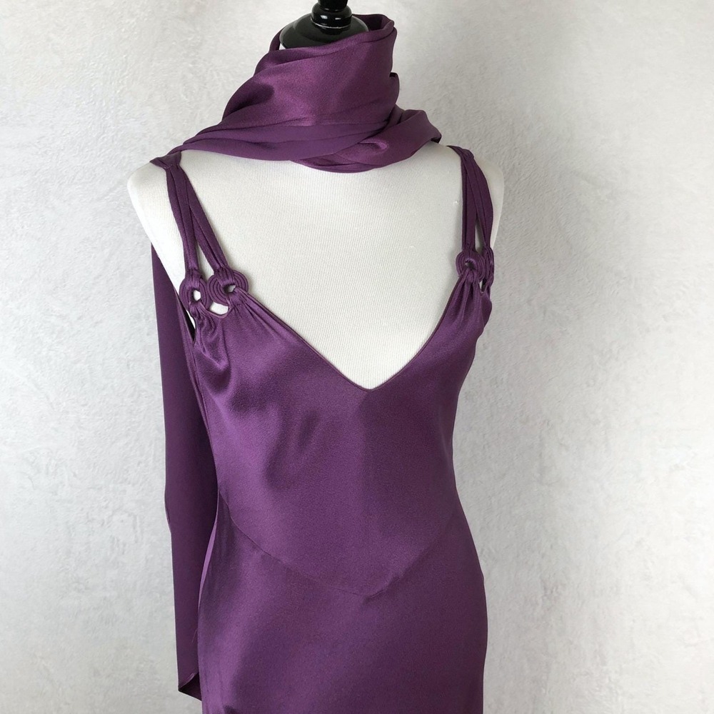 JOHN GALLIANO PARIS Bias Cut Gown + Tassel Scarf Sz 10 Purple Made in France EC - Picture 7 of 16